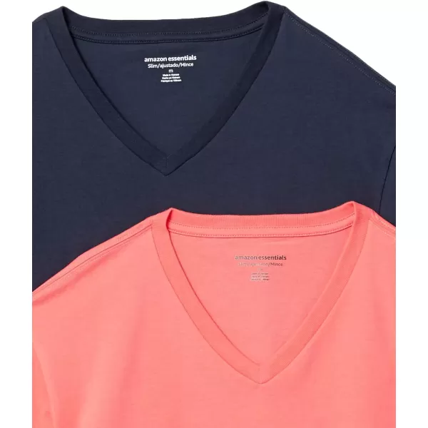 Amazon Essentials Mens SlimFit ShortSleeve VNeck TShirt Pack of 2Coral PinkDark Navy