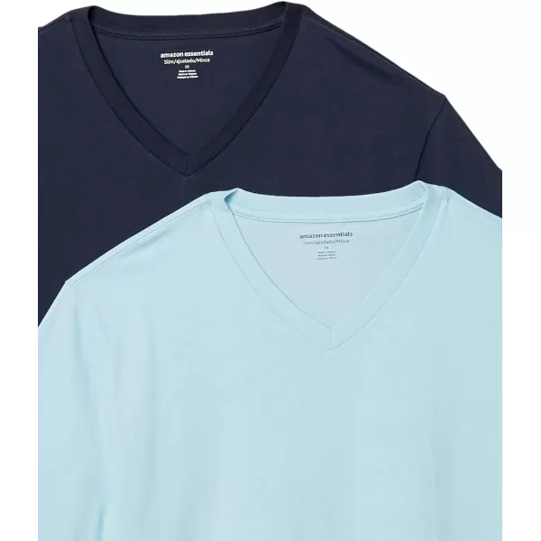 Amazon Essentials Mens SlimFit ShortSleeve VNeck TShirt Pack of 2Light BlueDark Navy