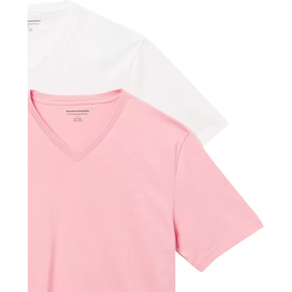 Amazon Essentials Mens SlimFit ShortSleeve VNeck TShirt Pack of 2Light PinkWhite