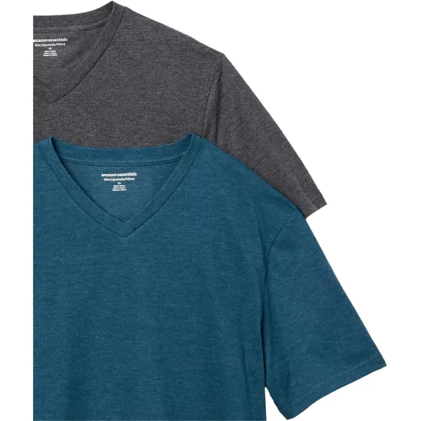 Amazon Essentials Mens SlimFit ShortSleeve VNeck TShirt Pack of 2Teal BlueCharcoal Heather