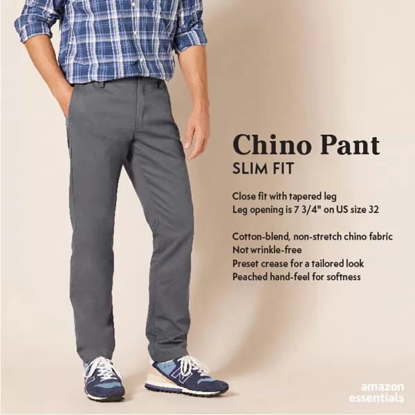 Amazon Essentials Mens SlimFit WrinkleResistant FlatFront Chino PantLight Grey