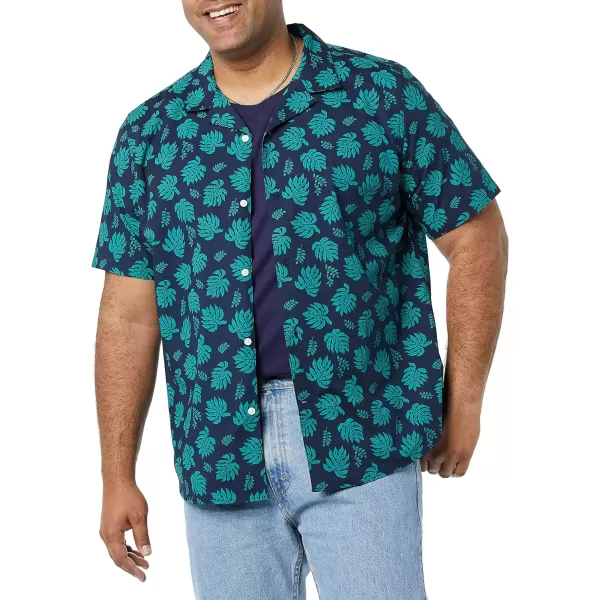 Amazon Essentials Mens StandardFit Vacation ShirtNavy Palm Leaf