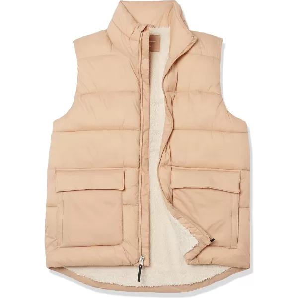 Amazon Essentials Mens WaterResistant SherpaLined Puffer VestKhaki Brown