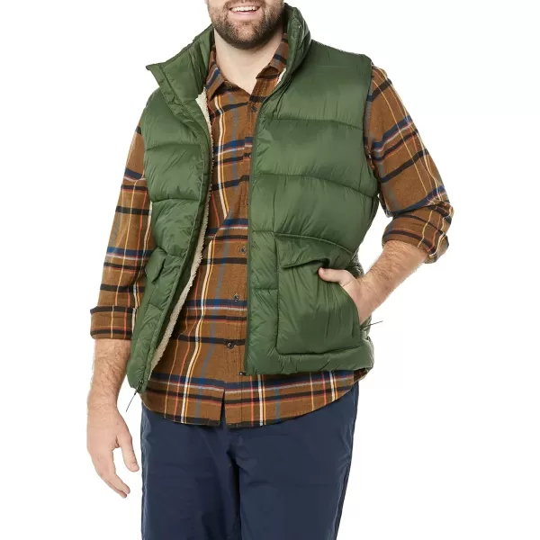 Amazon Essentials Mens WaterResistant SherpaLined Puffer VestOlive