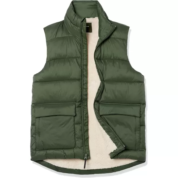 Amazon Essentials Mens WaterResistant SherpaLined Puffer VestOlive