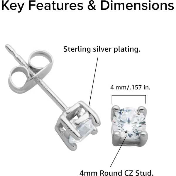 Amazon Essentials Plated Sterling Silver Cubic Zirconia Stud Earrings Round amp PrincessWhitePlatinum 4 mm Round Cut