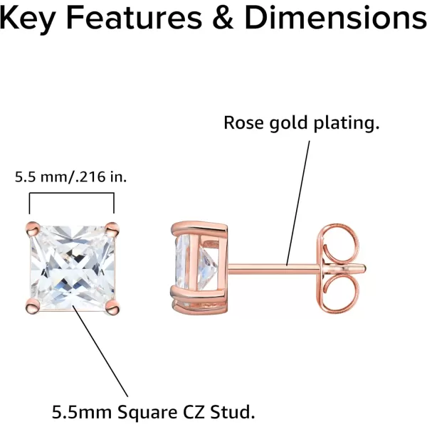 Amazon Essentials Plated Sterling Silver Cubic Zirconia Stud Earrings Round amp PrincessWhiteRose Gold 55 mm Princess Cut