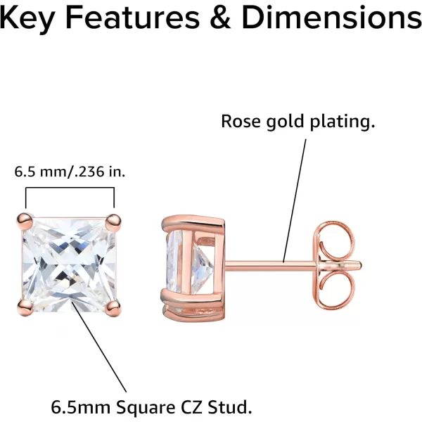 Amazon Essentials Plated Sterling Silver Cubic Zirconia Stud Earrings Round amp PrincessWhiteRose Gold 65 mm Princess Cut