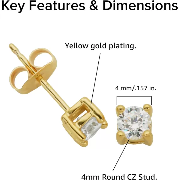 Amazon Essentials Plated Sterling Silver Cubic Zirconia Stud Earrings Round amp PrincessWhiteYellow Gold 4 mm Round Cut