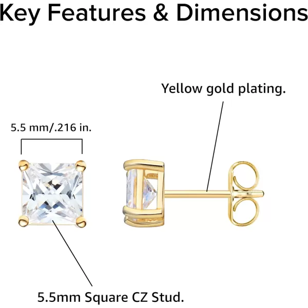 Amazon Essentials Plated Sterling Silver Cubic Zirconia Stud Earrings Round amp PrincessWhiteYellow Gold 55 mm Princess Cut