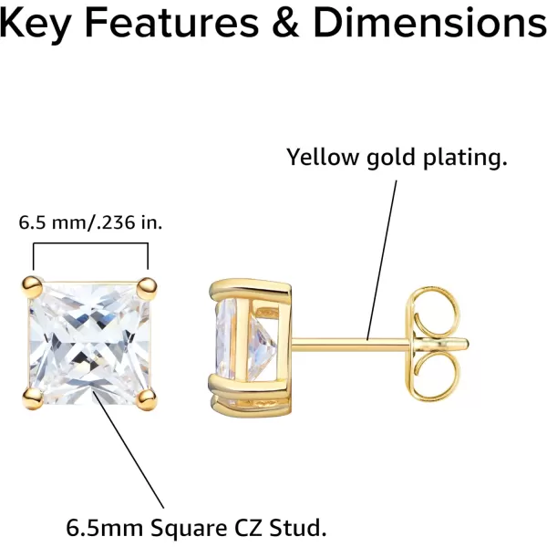 Amazon Essentials Plated Sterling Silver Cubic Zirconia Stud Earrings Round amp PrincessWhiteYellow Gold 65 mm Princess Cut