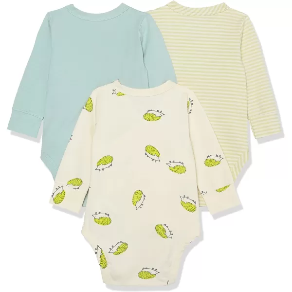 Amazon Essentials Unisex Babies Cotton LongSleeve Side Snap Bodysuit Previously Amazon Aware Pack of 3Beige HedgehogsLight Olive StripePale Blue