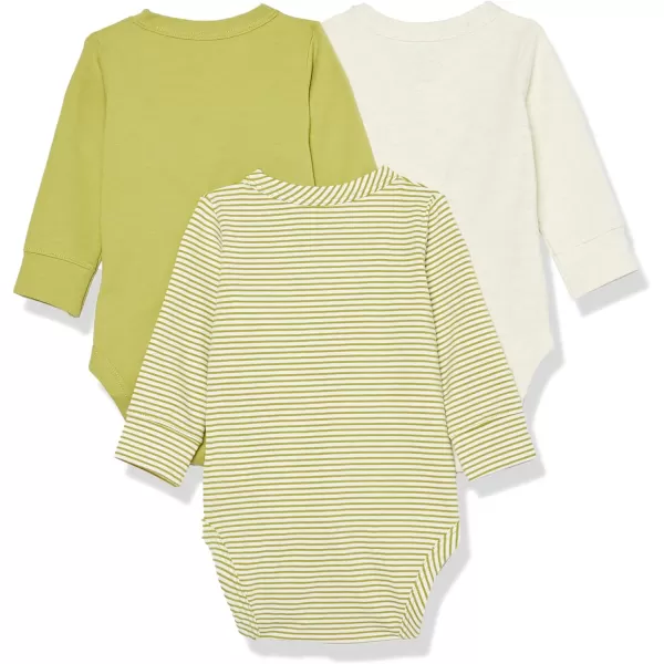 Amazon Essentials Unisex Babies Cotton LongSleeve Side Snap Bodysuit Previously Amazon Aware Pack of 3Beige StripeGreenIvory