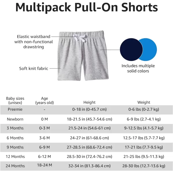 Amazon Essentials Unisex Babies Cotton PullOn Shorts Multipacks3 BlackGrey Heather StarsWhite Stripe