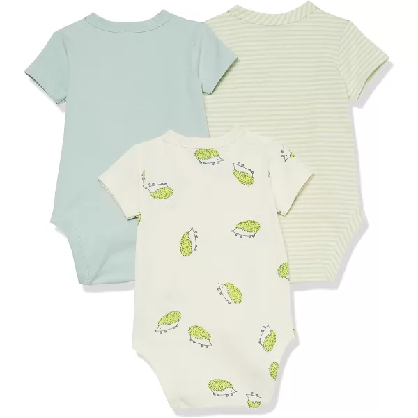 Amazon Essentials Unisex Babies Cotton ShortSleeve Side Snap Bodysuit Previously Amazon Aware Pack of 3Beige HedgehogsLight Olive StripePale Blue