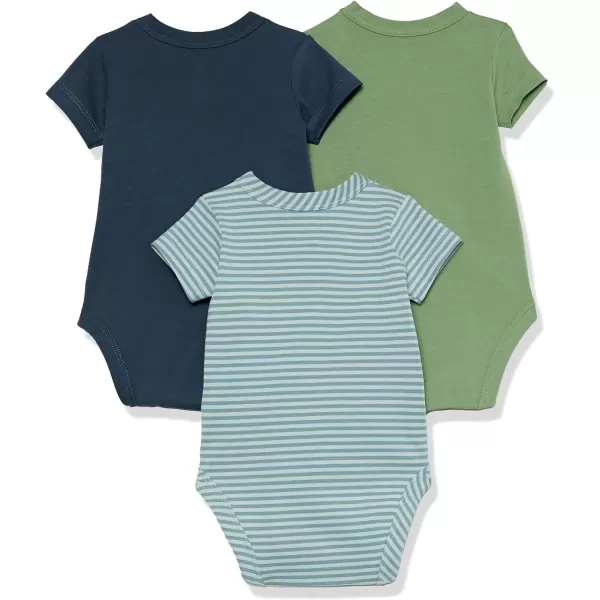 Amazon Essentials Unisex Babies Cotton ShortSleeve Side Snap Bodysuit Previously Amazon Aware Pack of 3Dark NavyDusty Blue StripeGreen