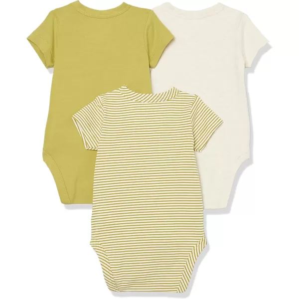 Amazon Essentials Unisex Babies Cotton ShortSleeve Side Snap Bodysuit Previously Amazon Aware Pack of 3IvoryOliveWhite Stripe