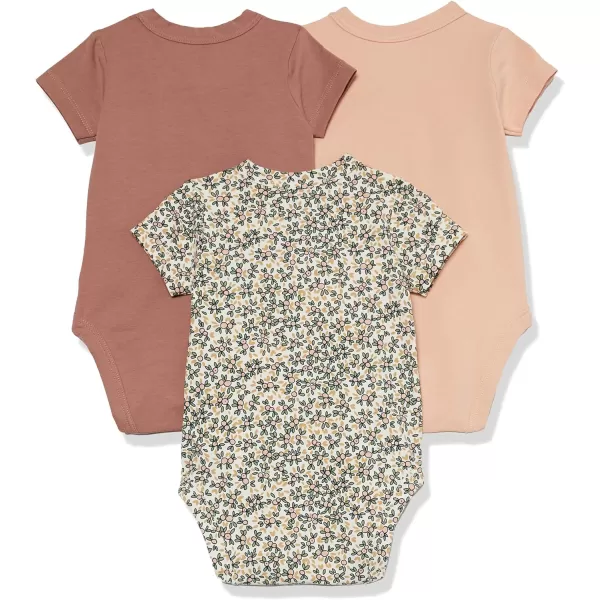 Amazon Essentials Unisex Babies Cotton ShortSleeve Side Snap Bodysuit Previously Amazon Aware Pack of 3Mushroom BrownOffwhite Ditsy FloralPastel Peach