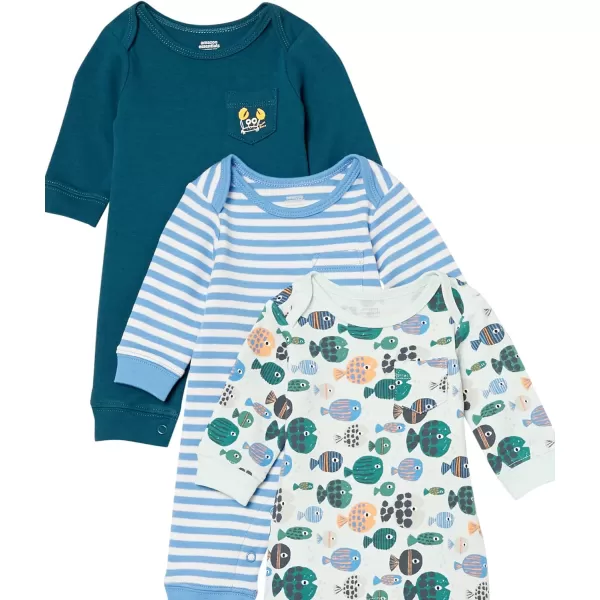 Amazon Essentials Unisex Babies LongSleeve Coveralls Multipacks3 Blue Sea Life