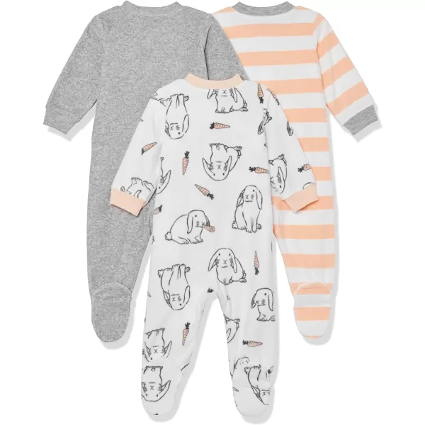 Amazon Essentials Unisex Babies Microfleece Footed ZipFront Sleep and Play Multipacks3 GreyBunny