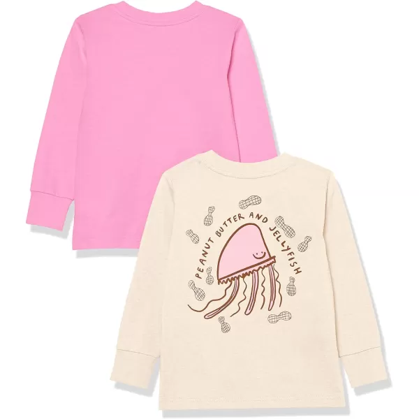 Amazon Essentials Unisex Kids and Toddlers LongSleeve Rib Cuff TShirt Pack of 2Cream JellyfishPink