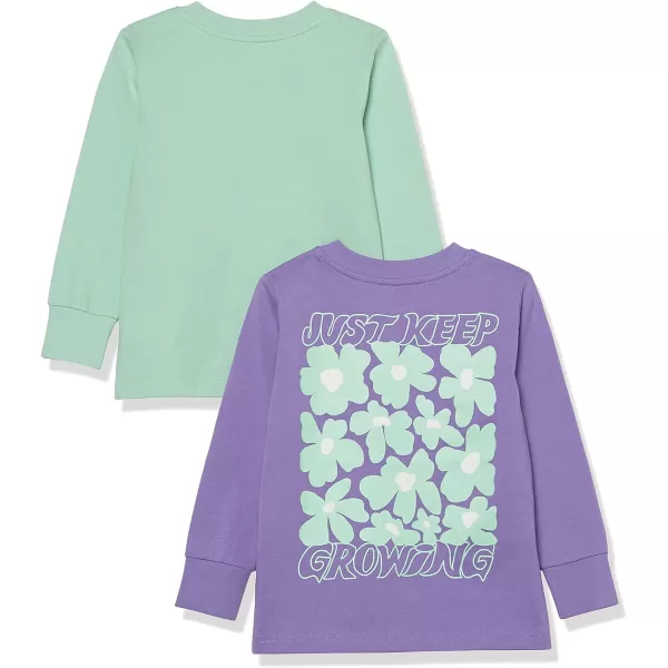Amazon Essentials Unisex Kids and Toddlers LongSleeve Rib Cuff TShirt Pack of 2Light PurpleMint Green Flower
