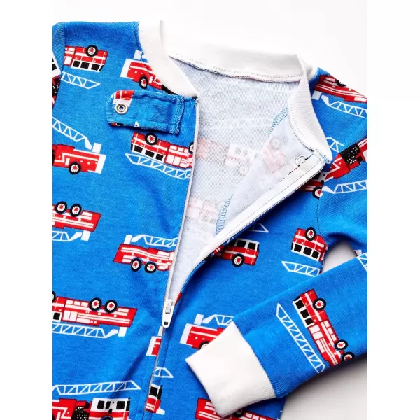 Amazon Essentials Unisex Toddlers and Babies SnugFit Cotton Footed Sleeper Pajamas Multipacks1 Blue Firetruck