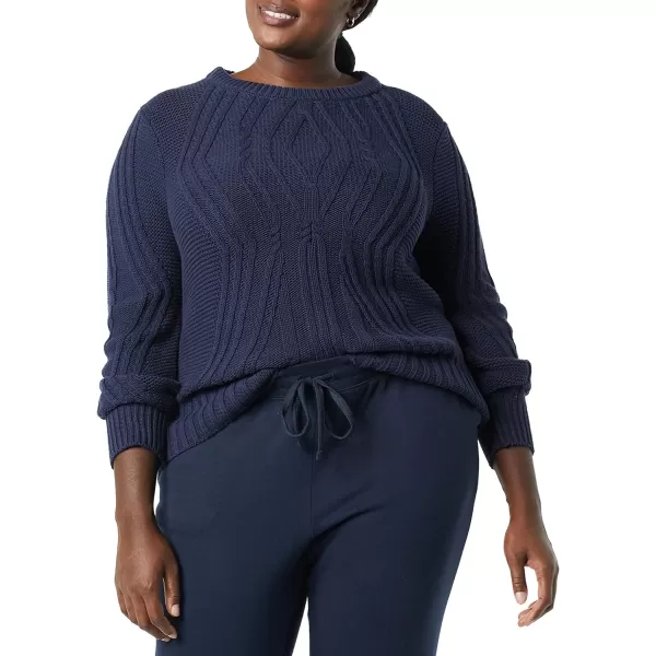 Amazon Essentials Womens 100 Cotton Crewneck Cable SweaterNavy