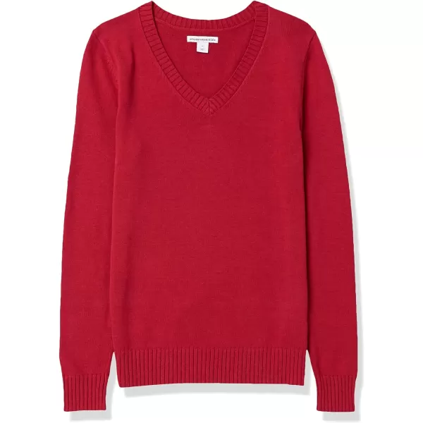 Amazon Essentials Womens 100 Cotton LongSleeve VNeck SweaterDark Red