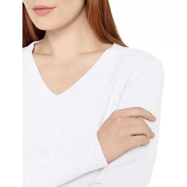 Amazon Essentials Womens 100 Cotton LongSleeve VNeck SweaterWhite