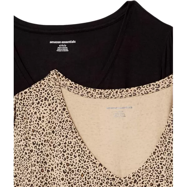 Amazon Essentials Womens 34 Sleeve VNeck Swing TShirt Available in Plus Size Pack of 2Beige LeopardBlack