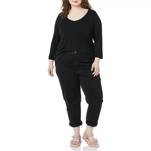 Amazon Essentials Womens 34 Sleeve VNeck Swing TShirt Available in Plus Size Pack of 2Black