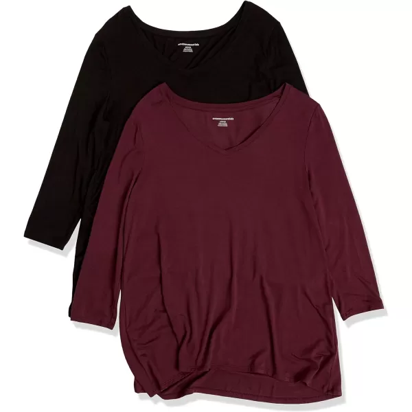 Amazon Essentials Womens 34 Sleeve VNeck Swing TShirt Available in Plus Size Pack of 2BlackBurgundy