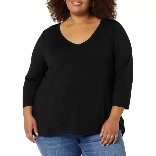 Amazon Essentials Womens 34 Sleeve VNeck Swing TShirt Available in Plus Size Pack of 2BlackCharcoal Heather