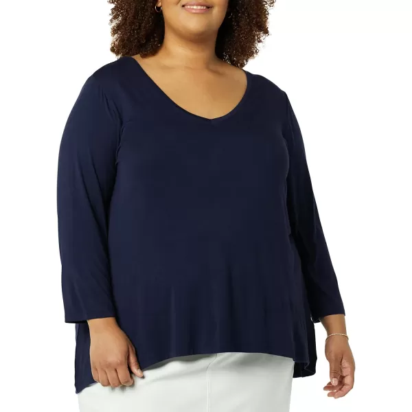 Amazon Essentials Womens 34 Sleeve VNeck Swing TShirt Available in Plus Size Pack of 2BlackNavy