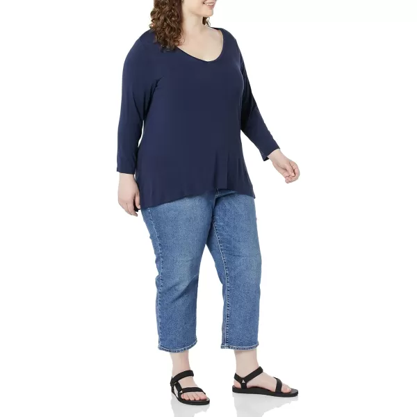 Amazon Essentials Womens 34 Sleeve VNeck Swing TShirt Available in Plus Size Pack of 2BlackNavy