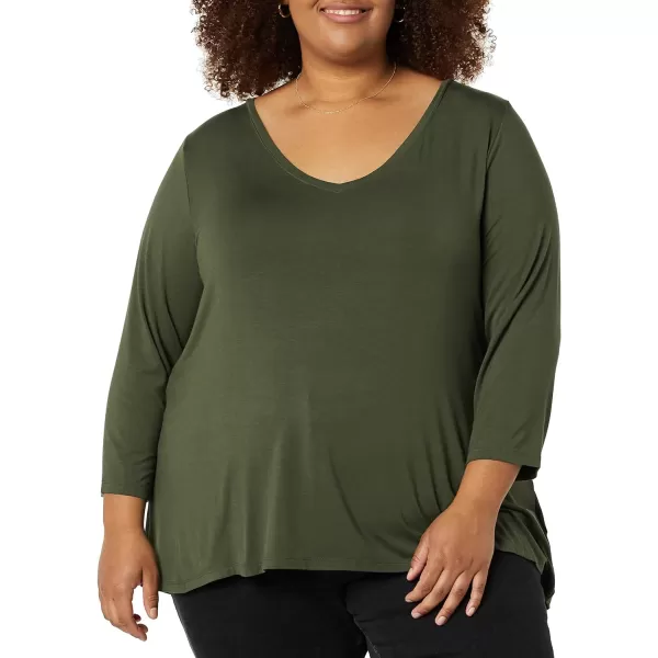 Amazon Essentials Womens 34 Sleeve VNeck Swing TShirt Available in Plus Size Pack of 2BlackOlive