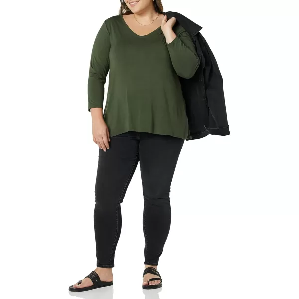 Amazon Essentials Womens 34 Sleeve VNeck Swing TShirt Available in Plus Size Pack of 2BlackOlive