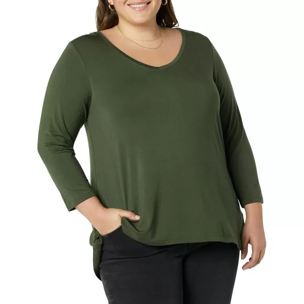 Amazon Essentials Womens 34 Sleeve VNeck Swing TShirt Available in Plus Size Pack of 2BlackOlive