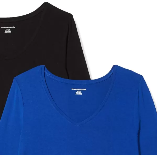 Amazon Essentials Womens 34 Sleeve VNeck Swing TShirt Available in Plus Size Pack of 2BlackRoyal Blue