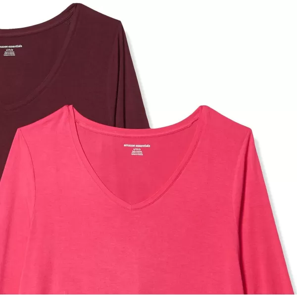 Amazon Essentials Womens 34 Sleeve VNeck Swing TShirt Available in Plus Size Pack of 2Bright PinkBurgundy