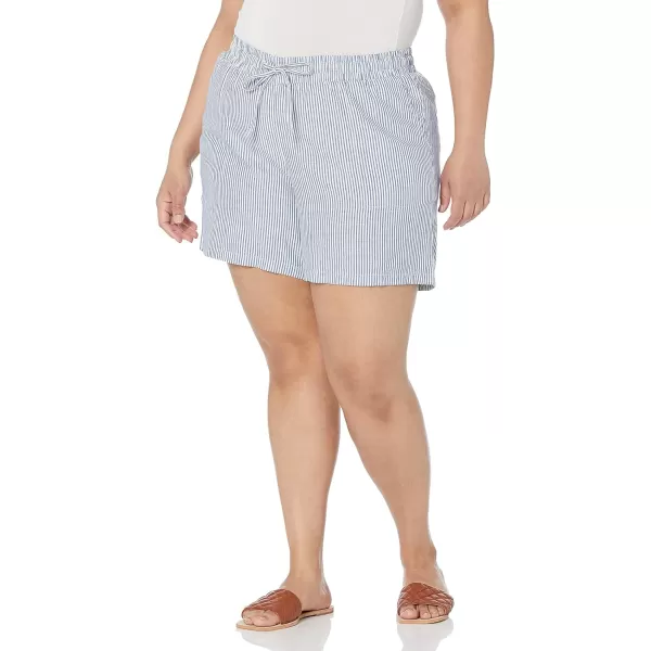 Amazon Essentials Womens 5 Inseam Drawstring Linen Blend Short Available in Plus SizeBlue White Stripe