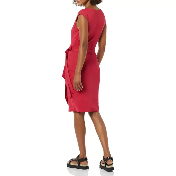 Amazon Essentials Womens Cap Sleeve BoatNeck Faux Wrap DressRaspberry Red