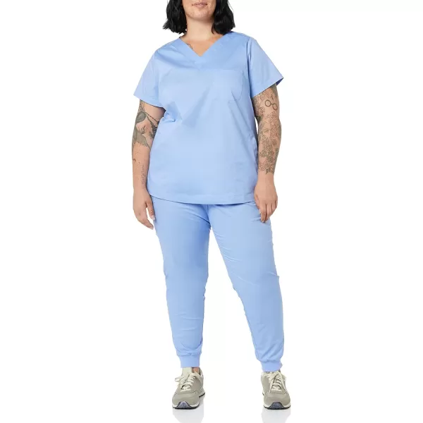 Amazon Essentials Womens Classic Fit VNeck Short Sleeve Scrub Top Available in Plus SizeCornflower Blue