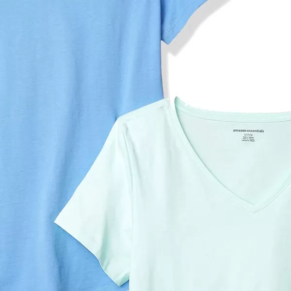 Amazon Essentials Womens ClassicFit 100 Cotton ShortSleeve VNeck TShirt Available in Plus Size Pack of 2Aqua BlueFrench Blue