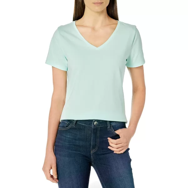 Amazon Essentials Womens ClassicFit 100 Cotton ShortSleeve VNeck TShirt Available in Plus Size Pack of 2Aqua BlueFrench Blue