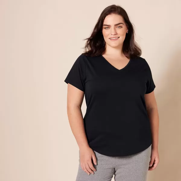 Amazon Essentials Womens ClassicFit 100 Cotton ShortSleeve VNeck TShirt Available in Plus Size Pack of 2Black