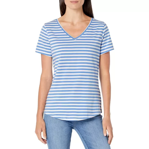 Amazon Essentials Womens ClassicFit 100 Cotton ShortSleeve VNeck TShirt Available in Plus Size Pack of 2Bright PinkFrench Blue Stripe