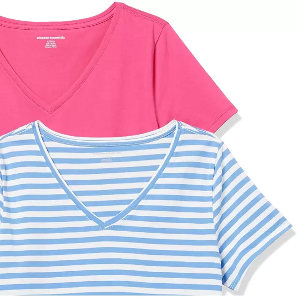 Amazon Essentials Womens ClassicFit 100 Cotton ShortSleeve VNeck TShirt Available in Plus Size Pack of 2Bright PinkFrench Blue Stripe