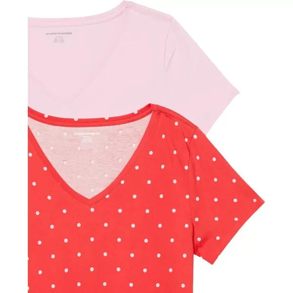Amazon Essentials Womens ClassicFit 100 Cotton ShortSleeve VNeck TShirt Available in Plus Size Pack of 2Bright PinkRed Dots